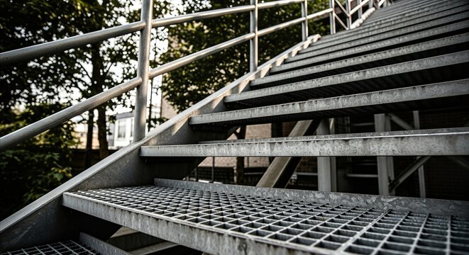 Rhythmic steel grating steps of an outdoor industrial staircase with copy space for design