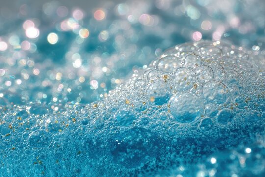 Close-up blue liquid foam with bubbles and shimmering reflections