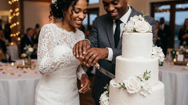 Elegant couple cutting wedding cake together in romantic ceremony with soft lighting celebration love moment luxury reception scene happiness event. Wedding.