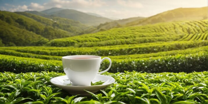 tea leaves, mug, plantations. free space for text