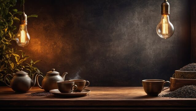 tea leaves, mug, plantations. free space for text