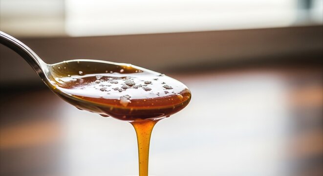 Rich salted caramel sauce dripping from spoon with sea salt crystals, highlighting glossy texture and vibrant color