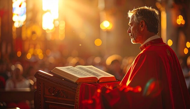 Priester Bei Pfingstgottesdienst Mit Bibel Und Rotem Gewand In Kirche Beim Predigen