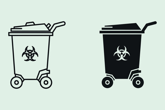 A set of two biohazard waste bin featuring both outline and solid black styles, representing medical or hazardous waste disposal containers for industrial, laboratory, or clinical environments