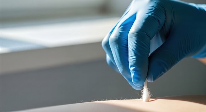 Close-up of gloved hand gently cleaning skin with cotton swab, preparing for medical procedure, ample copy space
