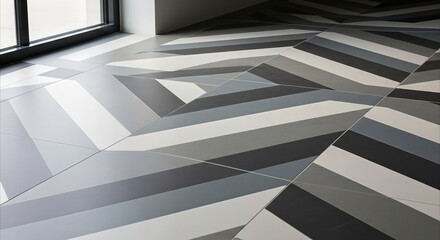 Fototapeta premium Modern geometric ceramic tile floor with clean lines and subtle gray tones, ideal for architectural interior design projects.