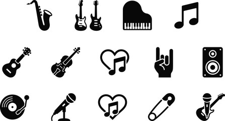 Music instrument silhouette flat vector illustration featuring saxophone, guitar, piano, violin, microphone, speaker, vinyl record design art © TOMSINA