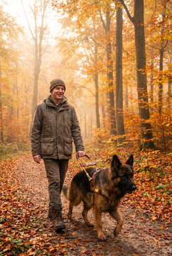 Man walking German Shepherd dog on autumn trail in forest  