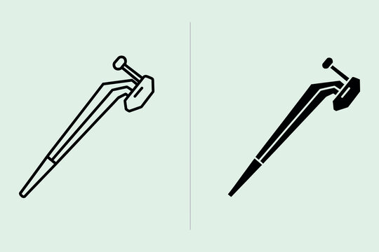 A set of two featuring a medical hip joint implant, shown in both outline and solid black silhouette styles, isolated on a light green background
