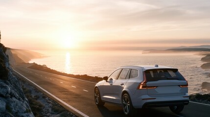 Obraz premium Sunset coast road with suv overlooking calm bay, warm golden light reflecting on metallic paint, rear silhouette parked near cliff edge, empty highway curving toward horizon, mood of solitude