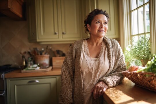 Contemplative Hispanic woman in a warm kitchen imagining a home-cooked meal
