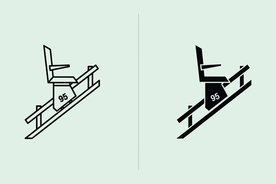 A set of two featuring a stairlift chair on a rail, one in outline style and one in solid black, representing accessibility equipment for elderly or disabled individuals in homes