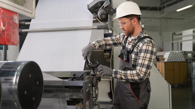 Factory worker operating industrial polypropylene production machine
