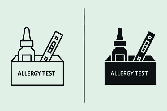A set of two flat representing an allergy test kit, featuring a dropper bottle and a diagnostic test strip inside a box, displayed in both outline and solid black styles