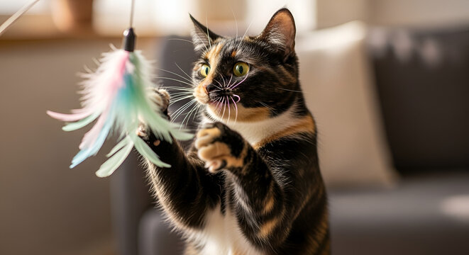 Energetic tortoiseshell cat playing with feather toy reaching with paws in playful feline behavior at home in a bright modern setting