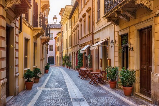 Rue pav&eacute;e pittoresque avec terrasses de caf&eacute;s et balcons fleuris dans une vieille ville italienne