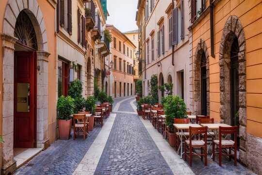 Rue pav&eacute;e pittoresque avec terrasses de caf&eacute;s et balcons fleuris dans une vieille ville italienne
