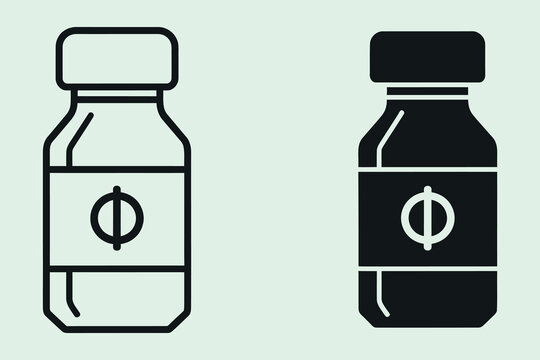 A set of two medical bottle one in a linear outline style and one in a solid black silhouette style, featuring a phi symbol on the label, isolated on a light green background