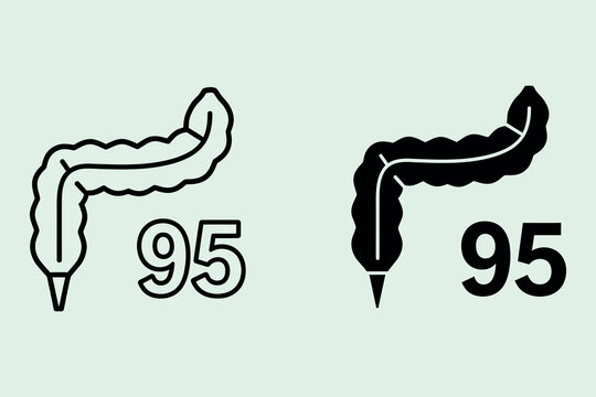 A set of two medical featuring a human colon or large intestine paired with the number 95, presented in both outline and solid black styles on a light green background