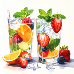 Refreshing fruit infused water drinks with berries and mint
