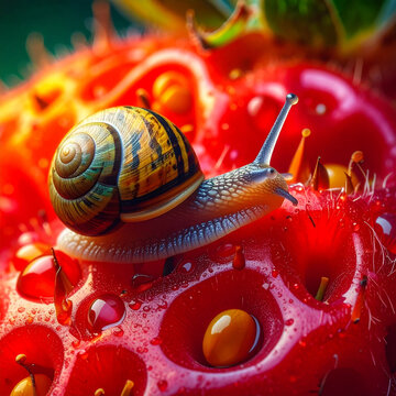 Foto Makro Siput di Atas Stroberi dengan Tetesan Air