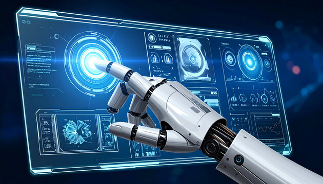 Tangan robot berinteraksi dengan antarmuka digital futuristik di layar