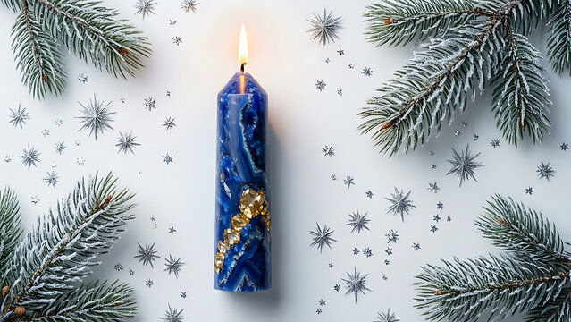 Bougie de lapis lazuli bleue allum&eacute;e d&eacute;cor&eacute;e de motifs dor&eacute;s sur fond de branches de sapin enneig&eacute;es