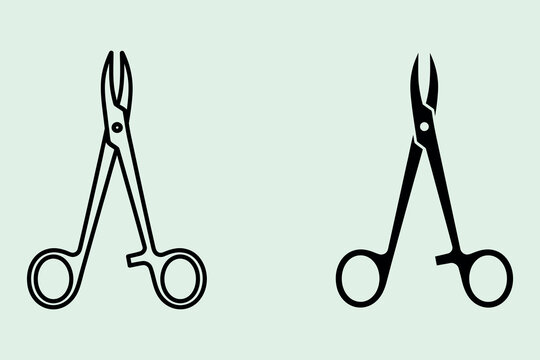 A set of two medical surgical instrument featuring a pair of hemostat clamps or surgical scissors, presented in both outline and solid black silhouette styles on a light green background