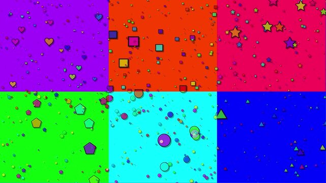 Vibrant 2d Motion Graphics Grid Featuring Animated Colorful Shapes Like Hearts, Stars, Squares, Circles, And Triangles On A Multi-colored Background. This Playful Pop Art Style Animation Uses A 