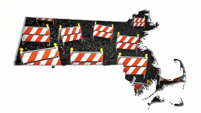 Massachusetts MA State Map Road Construction Project Traffic Signs Barriers Barricades 3d Animation