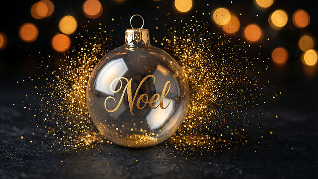 Boule de No&euml;l transparente avec inscription Noel et paillettes dor&eacute;es