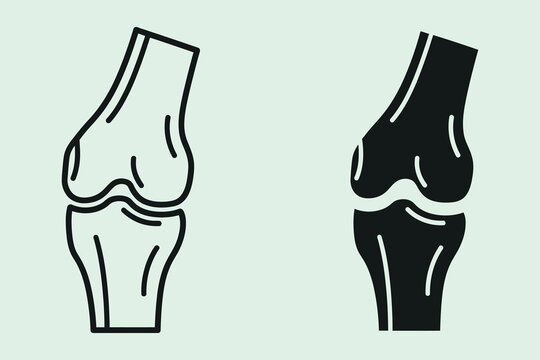 A set of two minimalist knee joint one in outline style and one in solid black, representing human anatomy, orthopedic health, and medical diagnostics on a light green background