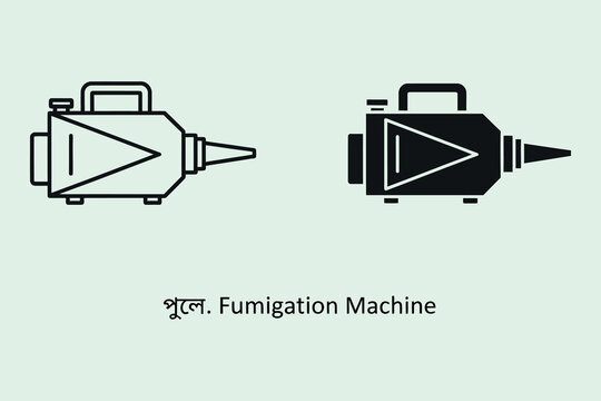 A set of two minimalist representing a portable fumigation machine, displayed in both outline and solid black styles on a light background