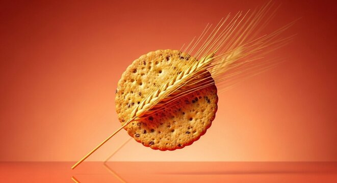 A round cracker with a stalk of wheat artfully placed on a vibrant red background