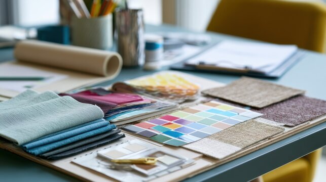 Creative design desk with fabric swatches and color palette, texture chips, sample books, sketchbook, measuring tape and scissors, soft daylight creating focused modern studio vibe emphasizing