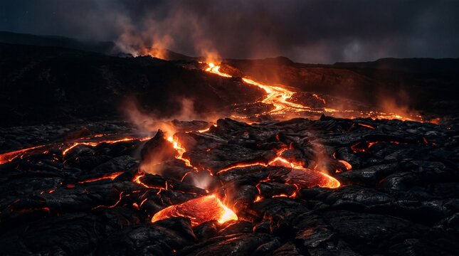 Lava flows across the dark volcanic landscape while smoke rises from the cooling igneous rock surface.