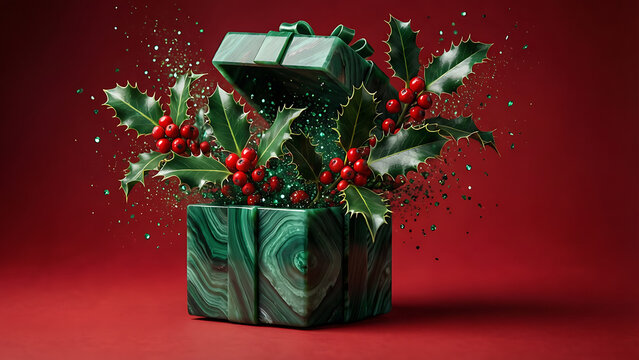 Bo&icirc;te cadeau en malachite avec des branches de houx et des paillettes