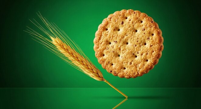 A round cracker is suspended next to a stalk of wheat on a green background