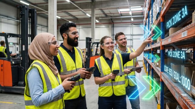 Warehouse workers wearing augmented reality smart glasses for efficient order picking