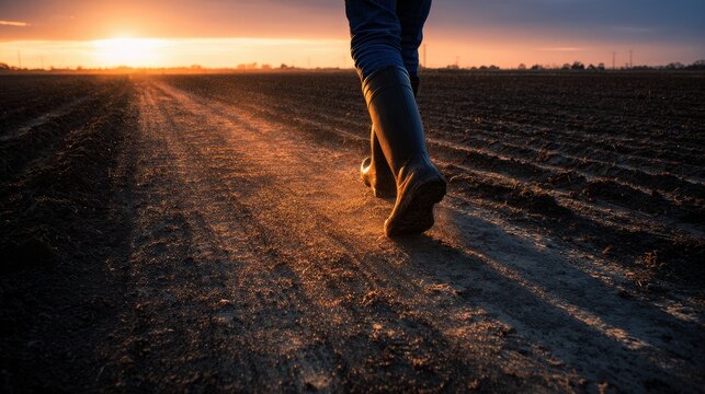 Low sun silhouette of a rubber-booted farm worker crossing dark soil furrows