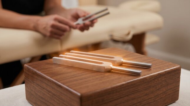 Glowing tuning forks on a wooden box used for sound frequency healing therapy