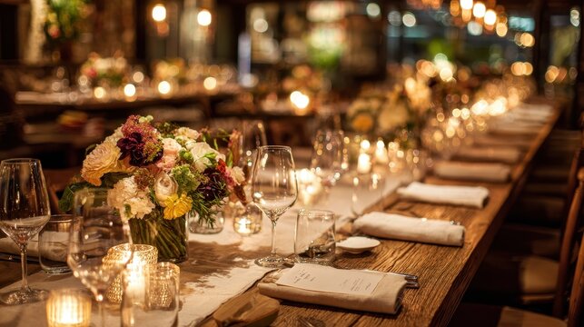 Intimate dining scene featuring a long communal table, soft lighting, and polished place settings