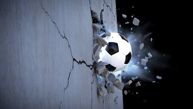 Soccer ball hitting and breaking a concrete wall with explosive impact and debris