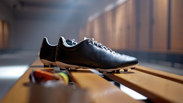 Black soccer cleats resting on a wooden bench inside a stadium locker room