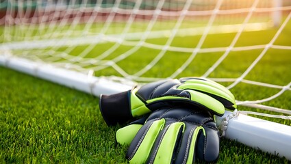 Soccer goalie gloves resting on the grass next to a white goal net on a green field during a sunny sports day
