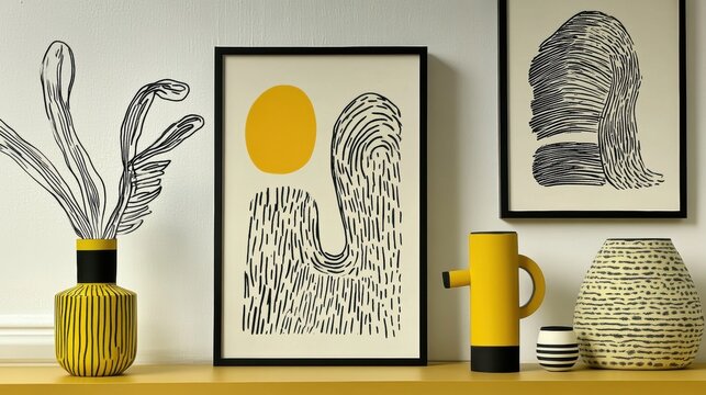 Decorative art pieces and vases on a shelf in a modern room