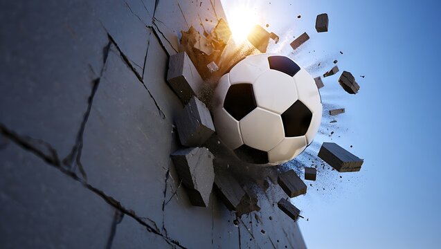 Soccer ball smashing through a dark stone wall creating a hole with flying debris and motion