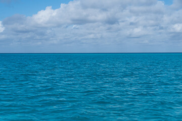Fototapeta premium Calm blue ocean under blue sky with puffy clouds