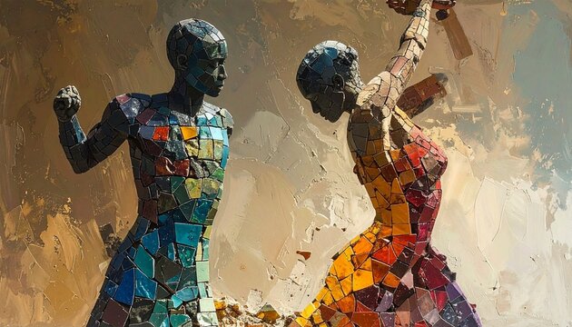 A dynamic mosaic figure composed of colorful geometric fragments stretches gracefully against a textured ochre background, symbolizing strength, motion, and the unity of art and humanity.