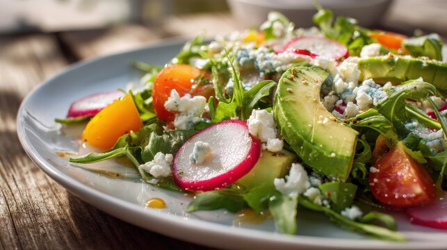 Colorful arugula greens with avocado, radish, peppers and roquefort crumble in natural daylight